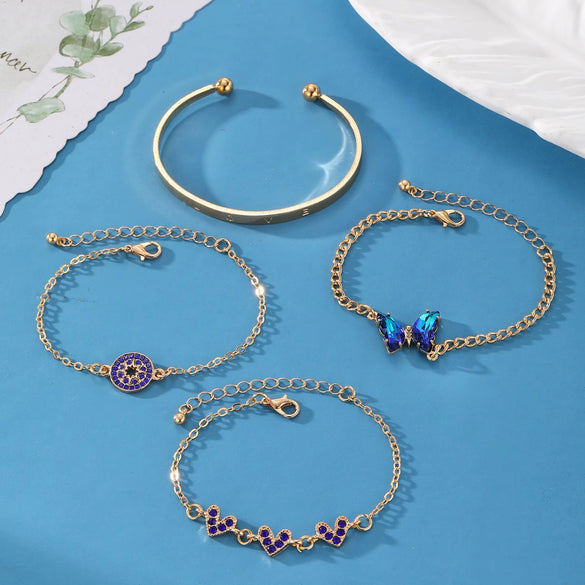 Wholesale Metal Imitation Sapphire Diamond Love Butterfly Bracelet Set With Insect Letters Numbers Text Pattern Electroplated