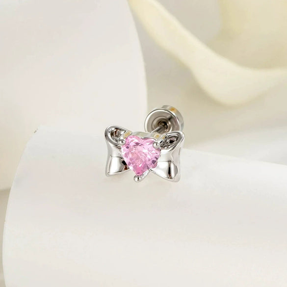 Wholesale Metal Inlaid Heart Zircon Candy Bow Screw Twist Rod Piercing Earrings Unisex