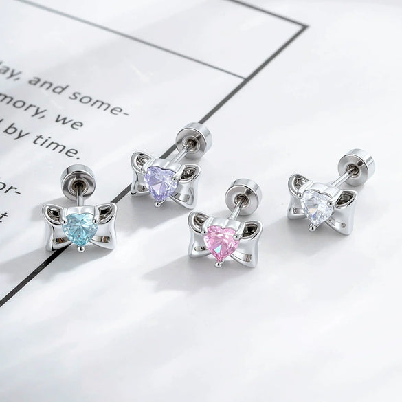 Wholesale Metal Inlaid Heart Zircon Candy Bow Screw Twist Rod Piercing Earrings Unisex