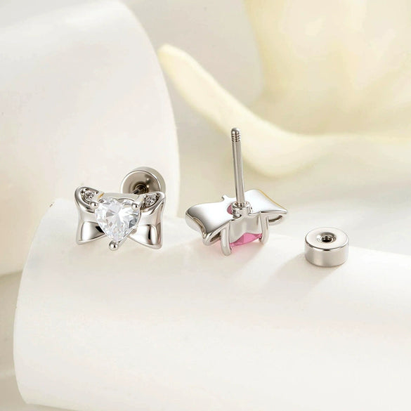Wholesale Metal Inlaid Heart Zircon Candy Bow Screw Twist Rod Piercing Earrings Unisex