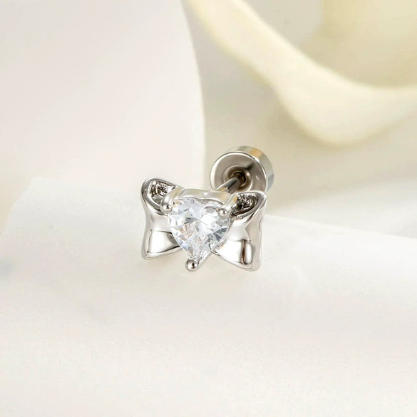 Wholesale Metal Inlaid Heart Zircon Candy Bow Screw Twist Rod Piercing Earrings Unisex