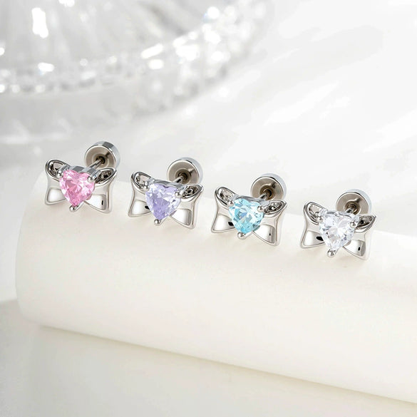 Wholesale Metal Inlaid Heart Zircon Candy Bow Screw Twist Rod Piercing Earrings Unisex