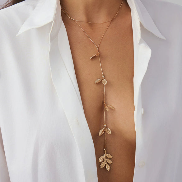 Wholesale Metal Leaf Pendant Tassel Necklace With Electroplating For Women