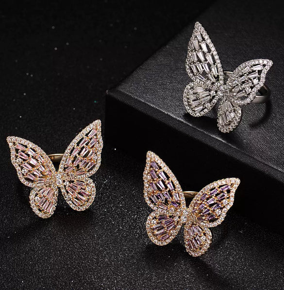 Wholesale Metal Microinlaid Zircon Butterfly Open Ring With Electroplating For Women