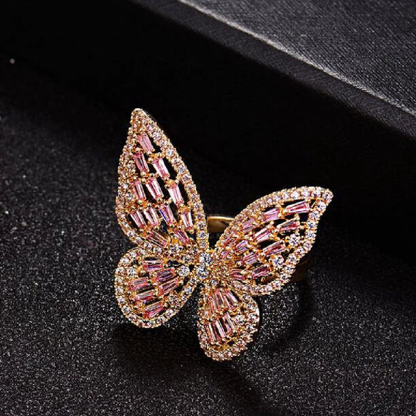 Wholesale Metal Microinlaid Zircon Butterfly Open Ring With Electroplating For Women