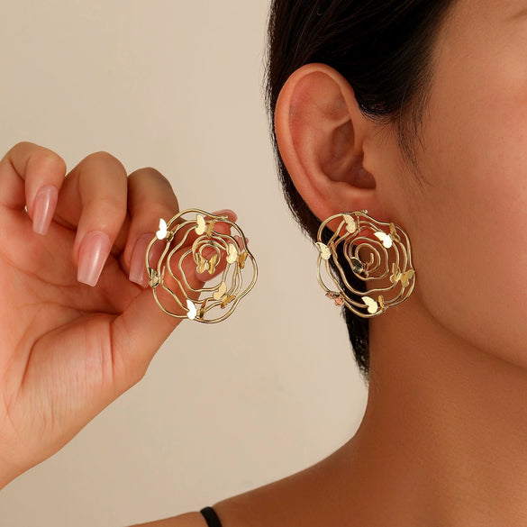 Wholesale Metal Niche Style Hollow Spiral Pattern Butterfly Earrings Gold Plated