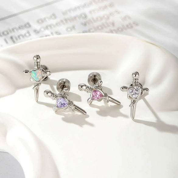 Wholesale Metal Opal Zircon Titanium Steel Heart Shape Cross Screw Stud Piercing Earrings Set With Gems