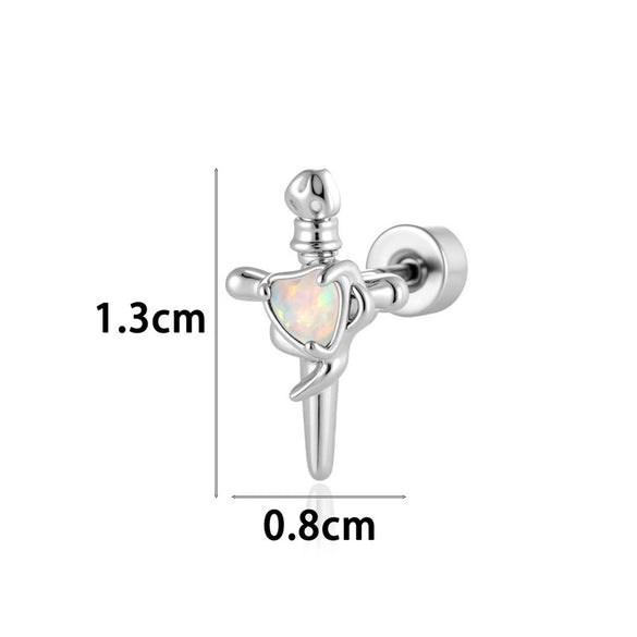 Wholesale Metal Opal Zircon Titanium Steel Heart Shape Cross Screw Stud Piercing Earrings Set With Gems