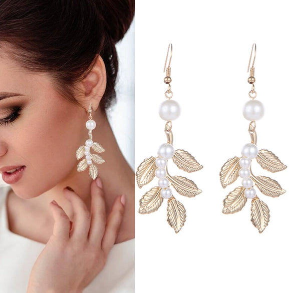 Wholesale Metal Pearl Leaf Earrings Electroplated For Women Simple Geometric Style