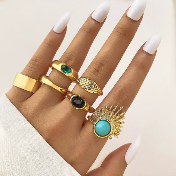 Wholesale Metal Retro Geometric Oval Finger Ring Set With Black Gemstone For Women
