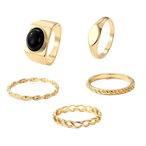 Wholesale Metal Retro Geometric Oval Finger Ring Set With Black Gemstone For Women