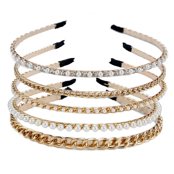 Wholesale Metal Retro Hair Band Set With Gold Pearl Rhinestone Electroplating Treatment For Women