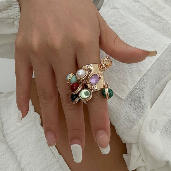 Wholesale Metal Ring With Colored Gemstone Pendant Tassel Design Bohemian Style Heart Shape And Geometric Pattern Electroplated