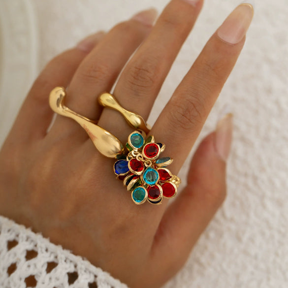 Wholesale Metal Ring With Colored Gemstone Pendant Tassel Design Bohemian Style Heart Shape And Geometric Pattern Electroplated