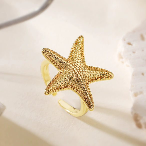 Wholesale Metal Style Copper Electroplated Gold Starfish Open Ring For Women Geometric Design