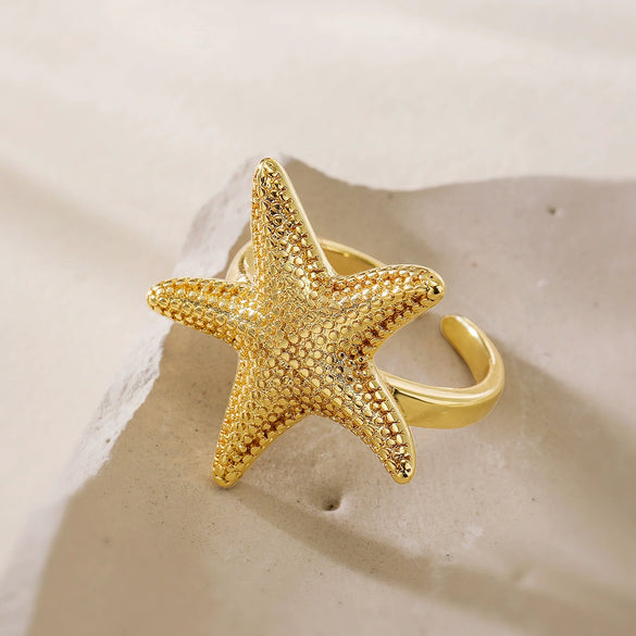 Wholesale Metal Style Copper Electroplated Gold Starfish Open Ring For Women Geometric Design
