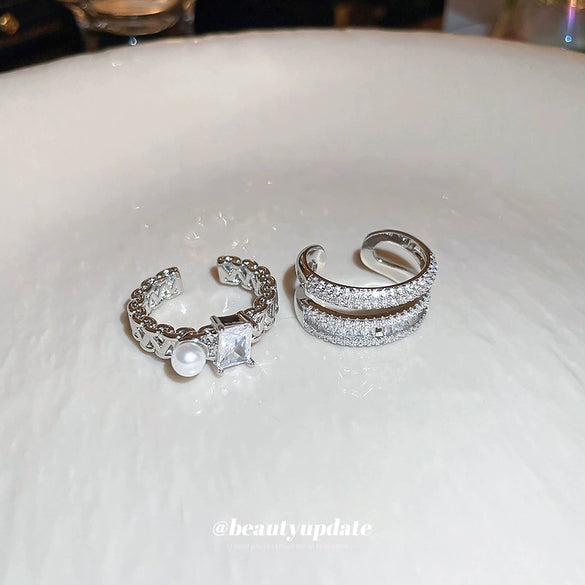 Wholesale Metal Zircon Pearl Double Layer Opening Finger Ring With Geometric Design