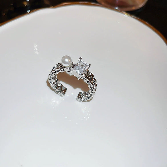 Wholesale Metal Zircon Pearl Double Layer Opening Finger Ring With Geometric Design