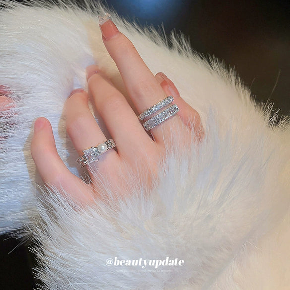 Wholesale Metal Zircon Pearl Double Layer Opening Finger Ring With Geometric Design