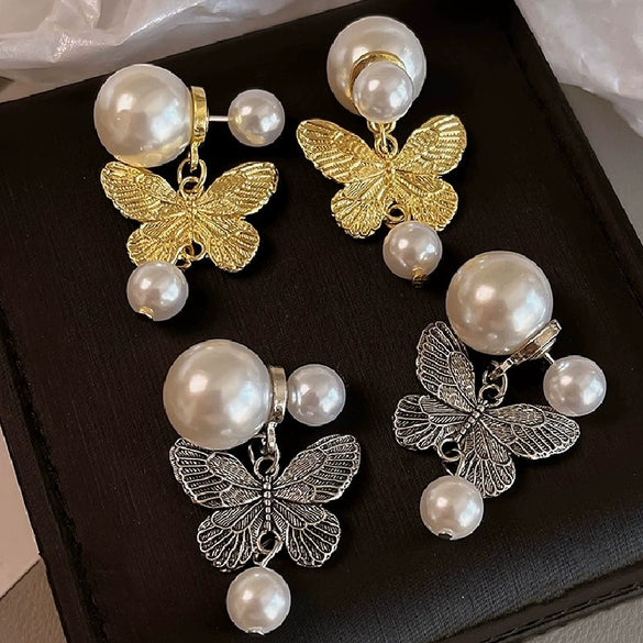 Wholesale Metallic Butterfly Pearl Earrings Zinc Alloy Animal Pattern Electroplating Light Luxury Style For Women