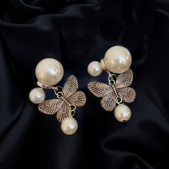 Wholesale Metallic Butterfly Pearl Earrings Zinc Alloy Animal Pattern Electroplating Light Luxury Style For Women