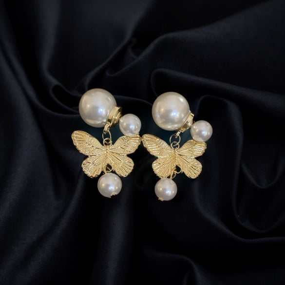 Wholesale Metallic Butterfly Pearl Earrings Zinc Alloy Animal Pattern Electroplating Light Luxury Style For Women