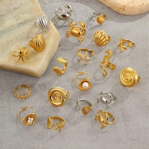 Wholesale Metallic Stainless Steel Ring With Starfish Shell Design Electroplating For Women
