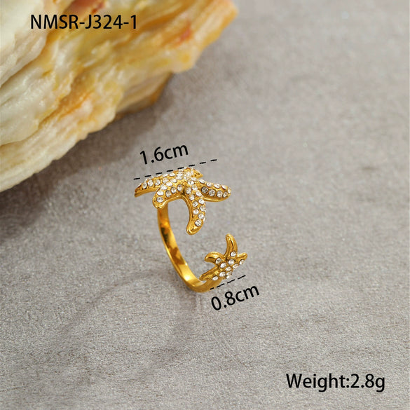Wholesale Metallic Stainless Steel Ring With Starfish Shell Design Electroplating For Women