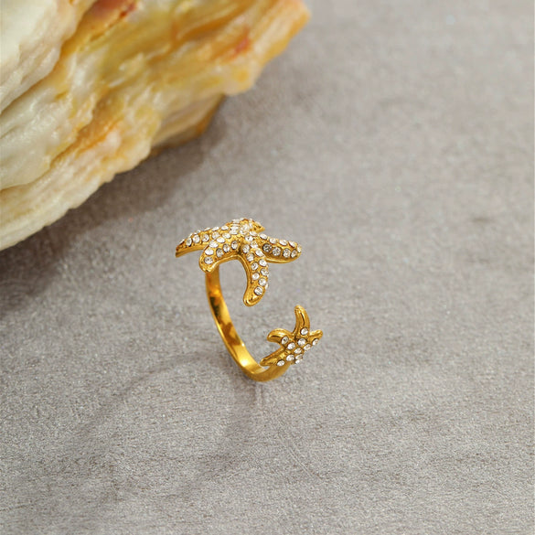 Wholesale Metallic Stainless Steel Ring With Starfish Shell Design Electroplating For Women