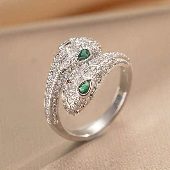 Wholesale Micro Inlaid Zircon Double Headed Snake Shaped Ring For Women Light Luxury Titanium Steel Geometric Design Electroplated