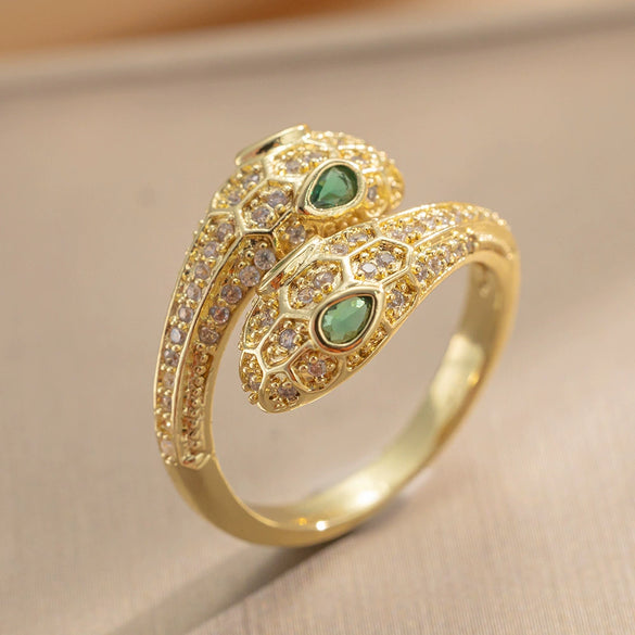 Wholesale Micro Inlaid Zircon Double Headed Snake Shaped Ring For Women Light Luxury Titanium Steel Geometric Design Electroplated