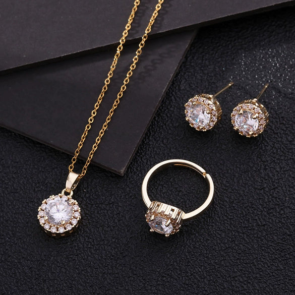Wholesale Micro Inlay Color Zircon Gold Plated Copper Jewelry Set With Round Necklace Ring Earrings In Geometric Design