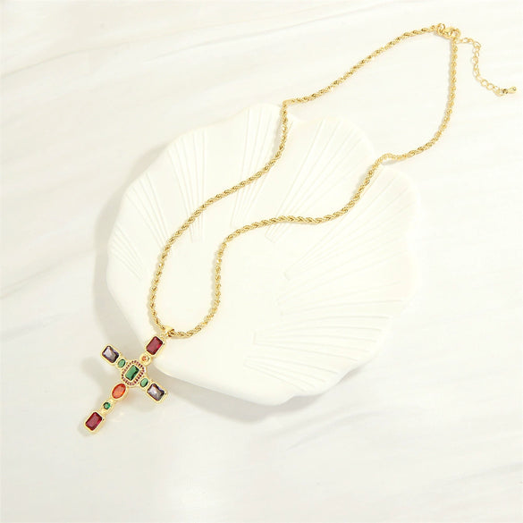 Wholesale Microinlaid Colorful Zirconium Cross Necklace In Niche Ins Style Light Luxury Gold Plated Made Of Copper With Cable Chain For Women