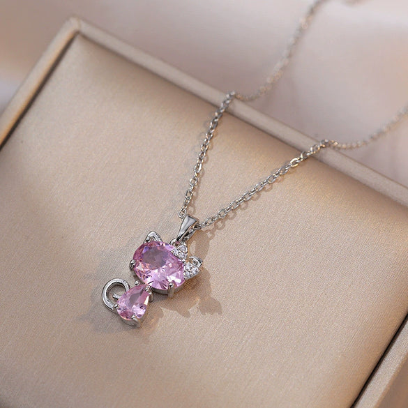 Wholesale Microinlaid Diamond Cute Kitten Necklace For Girls Titanium Steel Gold Inlaid Geometric Style