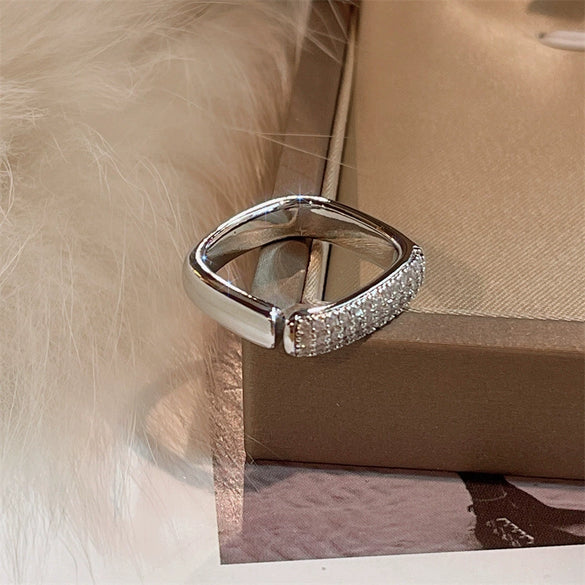 Wholesale Microinlaid Square Geometric Open Ring Jewelry In Light Luxury Design Sense For Women Made Of Copper With Micropaved Treatment