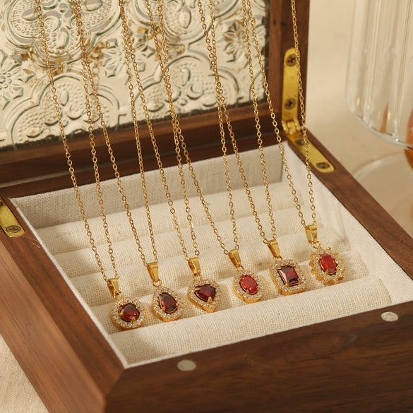 Wholesale Microinlaid Zircon And Ruby Necklace Stainless Steel And Titanium Steel With Geometric Style Electroplating For Women
