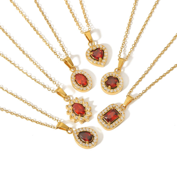 Wholesale Microinlaid Zircon And Ruby Necklace Stainless Steel And Titanium Steel With Geometric Style Electroplating For Women