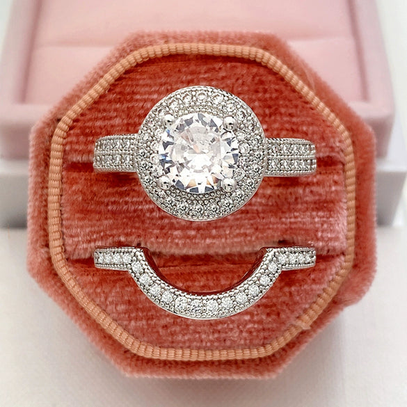 Wholesale Microinlaid Zircon Copper Ring Arc Ring Twopiece Set Light Luxury Geometric Style