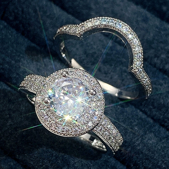 Wholesale Microinlaid Zircon Copper Ring Arc Ring Twopiece Set Light Luxury Geometric Style