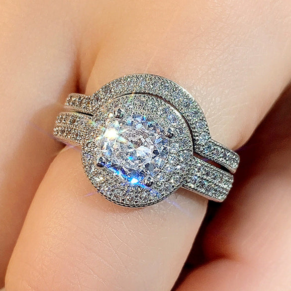 Wholesale Microinlaid Zircon Copper Ring Arc Ring Twopiece Set Light Luxury Geometric Style