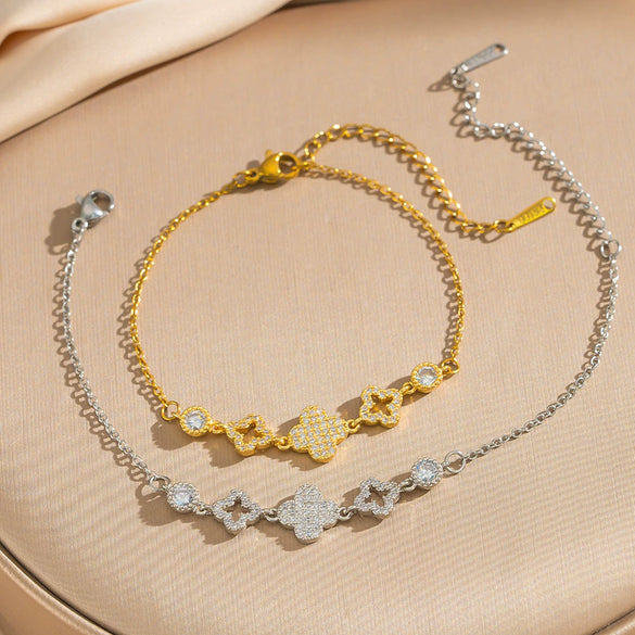 Wholesale Micropaved Zircon Geometric Fourleaf Clover Light Luxury Women's Gold Plated Copper Bracelet