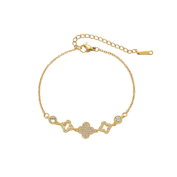 Wholesale Micropaved Zircon Geometric Fourleaf Clover Light Luxury Women's Gold Plated Copper Bracelet