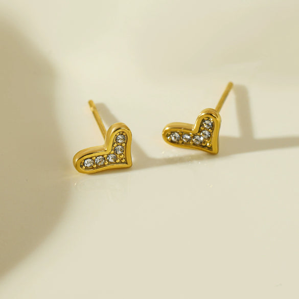 Wholesale Microstudded Diamond Heartshaped Stainless Steel Earrings 18K Vacuum Goldplated Geometric Style Polish