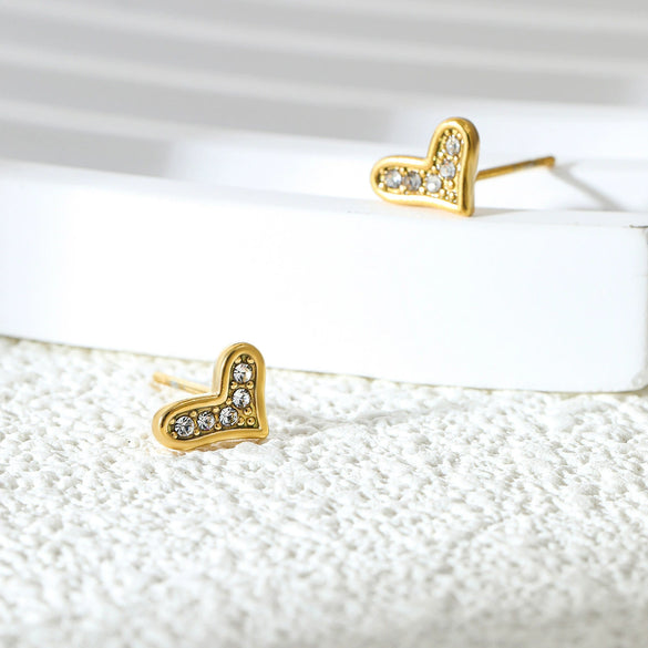 Wholesale Microstudded Diamond Heartshaped Stainless Steel Earrings 18K Vacuum Goldplated Geometric Style Polish