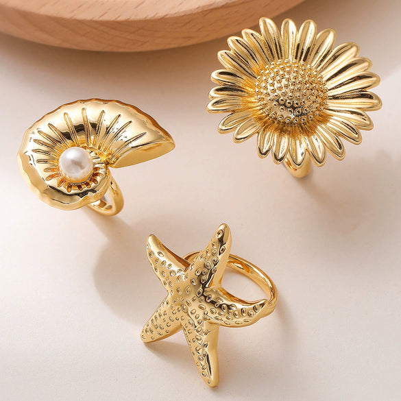 Wholesale Minimalist Copper Micropaved Geometric Starfish Conch Open Ring For Women