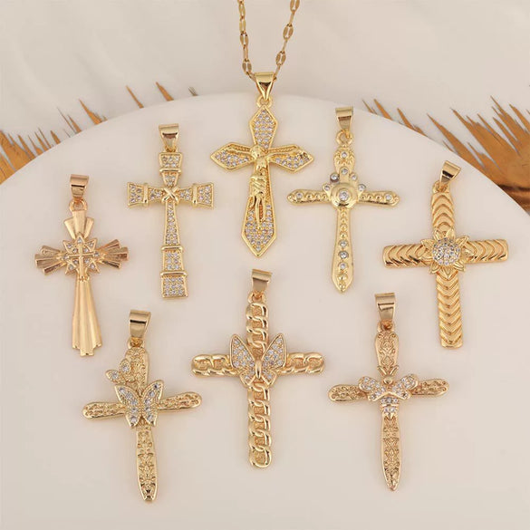 Wholesale Minimalist Copper Pendant Lip Necklace With Micropaved Star And Moon Cross Design
