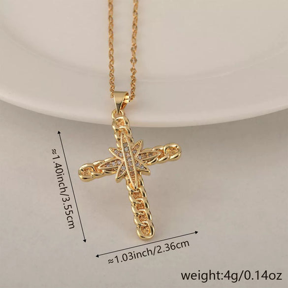 Wholesale Minimalist Copper Pendant Lip Necklace With Micropaved Star And Moon Cross Design