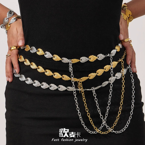 Wholesale Minimalist Electroplated Stainless Steel Geometric Watermelon Pattern Heart Jewelry Set For Women Necklace Bracelet Waist Chain