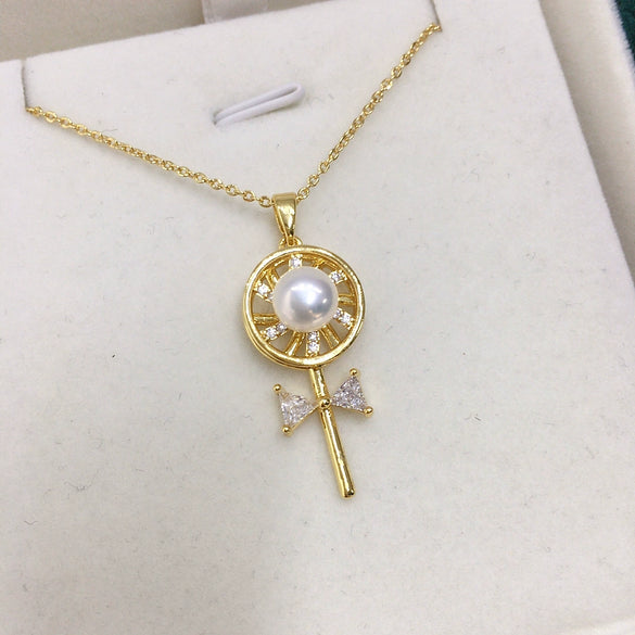 Wholesale Minimalist Freshwater Pearl And Copper Pendant Rotating Lollipop Necklace