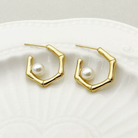 Wholesale Minimalist Geometric Bamboo Pearl Earrings Stainless Steel 14K Gold Plated